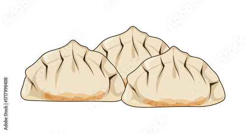 Three delicious dumplings, expertly crafted with a light-colored dough, ready to be enjoyed.