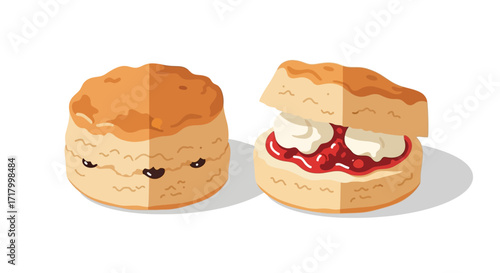 An illustration of two British scones, one plain with a cute face and one filled with jam and clotted cream.