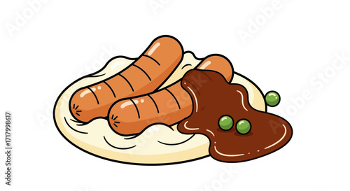 A plate of sausages with mashed potatoes, gravy, and peas, presented in a cartoonish illustration style.