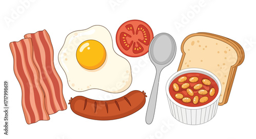 A full English breakfast with bacon, eggs, sausage, beans, toast, and tomato.