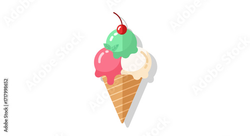 A colorful illustration of a waffle cone with three scoops of ice cream, strawberry, vanilla, and mint, topped with a red cherry.