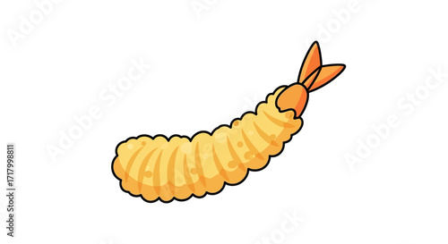A single piece of crispy, golden-brown shrimp tempura illustrated in a cartoon style, isolated on a white background.