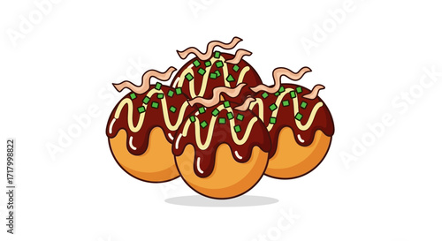 Illustration of a pile of delicious Japanese takoyaki octopus balls topped with sauce, mayonnaise, green sprinkles, and bonito flakes on a white background.