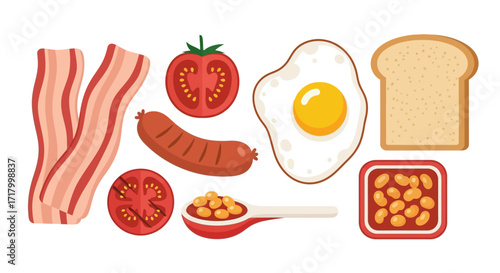 A full English breakfast with bacon, sausage, eggs, beans, tomatoes, and toast.