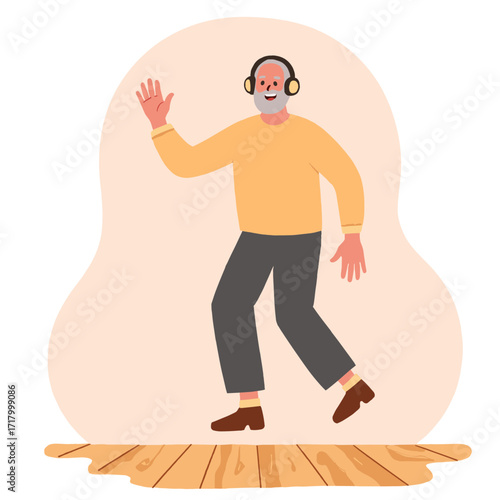 Elderly man with headphones. Senior man listening to music with headphones. Older man enjoying audio in headphones. Retired man wearing headphones and smiling. Elderly set
