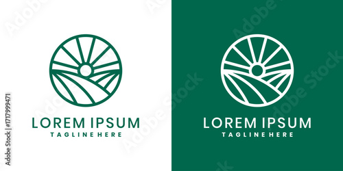 Farm logo design with sun and farmland lines
