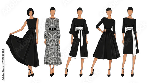 Stylized Fashion Illustration of Women in Black Outfits – Minimalist Elegant Design