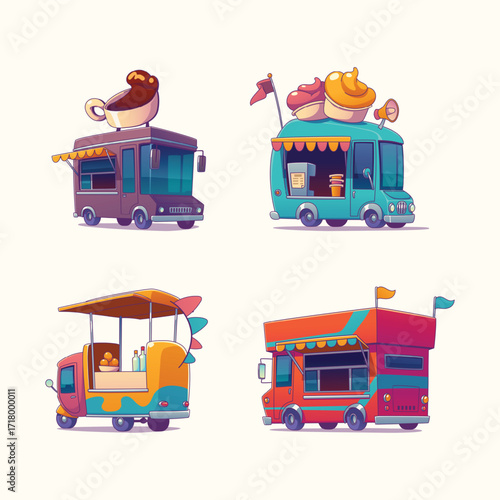 Food trucks with ice cream, coffee, drinks vector