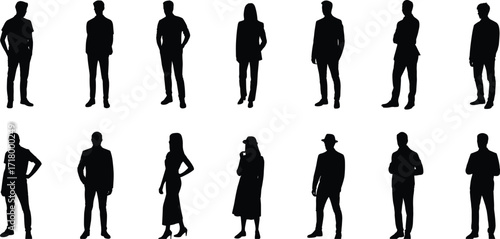 Human silhouette icons, diverse figure set, standing pose collection, black and white design, fashion variation graphic, minimalist people shapes, isolated vector, posture study