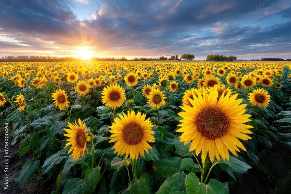 Obraz premium Sunflowers at Sunset in a Vast Field