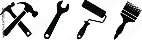 Tool silhouette icons, construction and painting set, black and white design, wrench and hammer symbols, paint roller vector, isolated DIY graphic elements