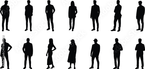 Human silhouette icons, diverse posture set, fashion style figures, black and white design, character modeling vector, standing pose collection, isolated people shapes