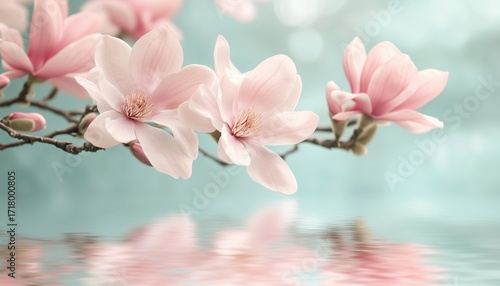 Hand-Drawn Pink Magnolia Branch With Water And Botanical Flowers In Full Bloom: A Delicate And Beautiful Artistic Composition