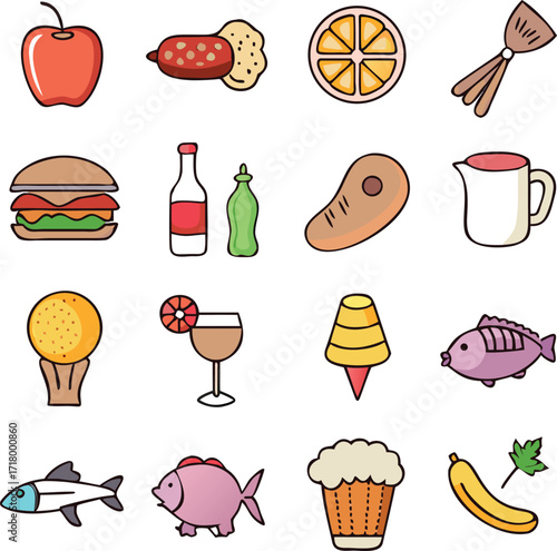 Colorful Assortment of Food and Drink Illustrations Depicting a Variety of Edibles and Beverages for Culinary and Nutritional Visuals
