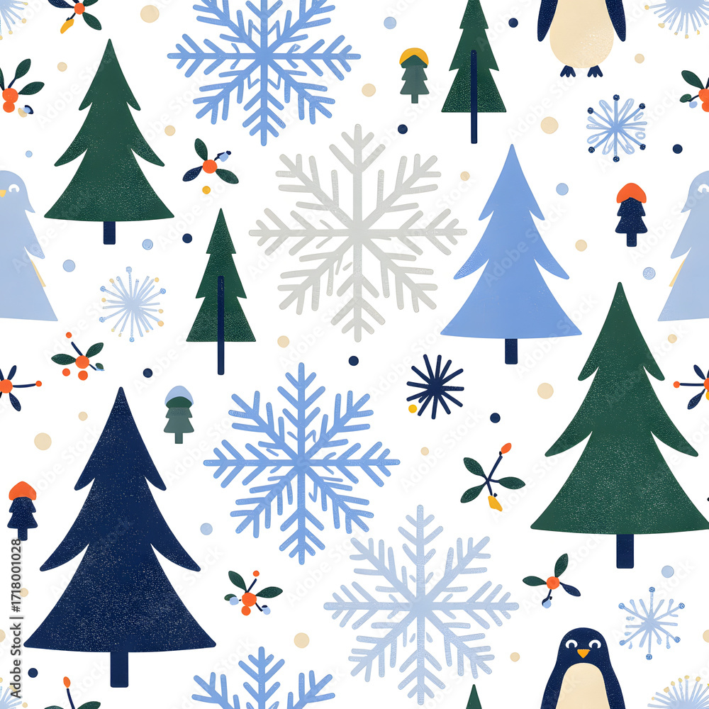 Obraz premium Festive winter pattern featuring snowflakes, trees, and adorable penguins.