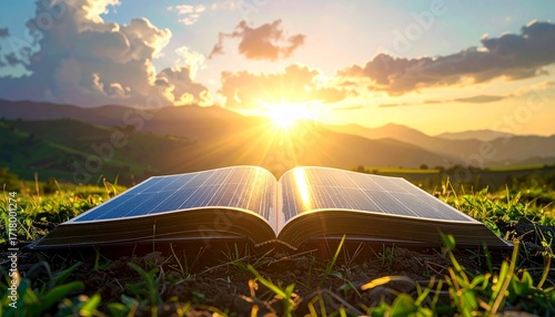 Open Book on a Hillside at Sunrise A Story Unfolding in Nature's Embrace