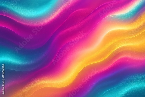 Vibrant iridescent fluid waves shimmer with dynamic color transitions creating an energetic abstract background for modern design projects