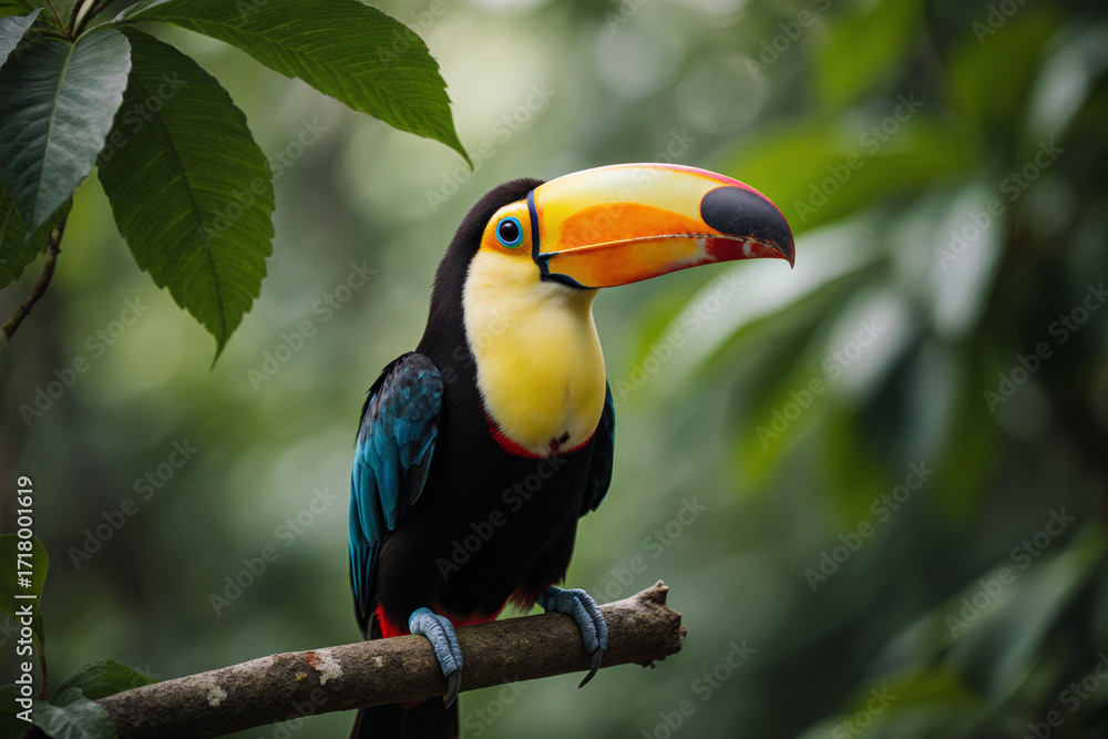 Fototapeta premium Vibrant toucan perched on a branch, showcasing striking yellow-orange beak, black and blue plumage, and lush green foliage background.