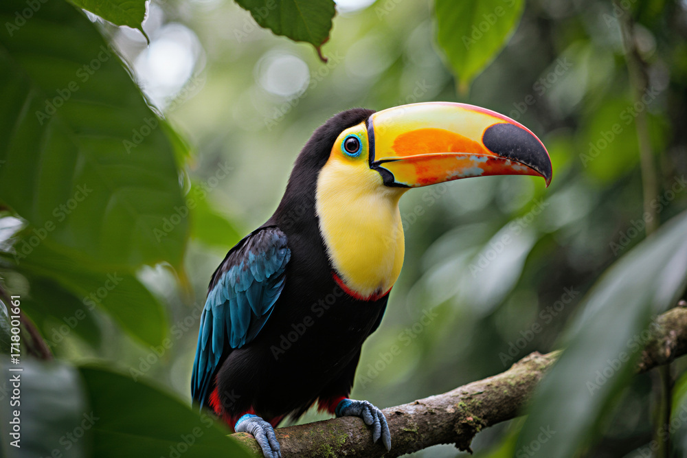 Naklejka premium Vibrant toucan with black feathers, blue wings, yellow throat, and striking orange-yellow beak, perched on a branch amidst lush green leaves.