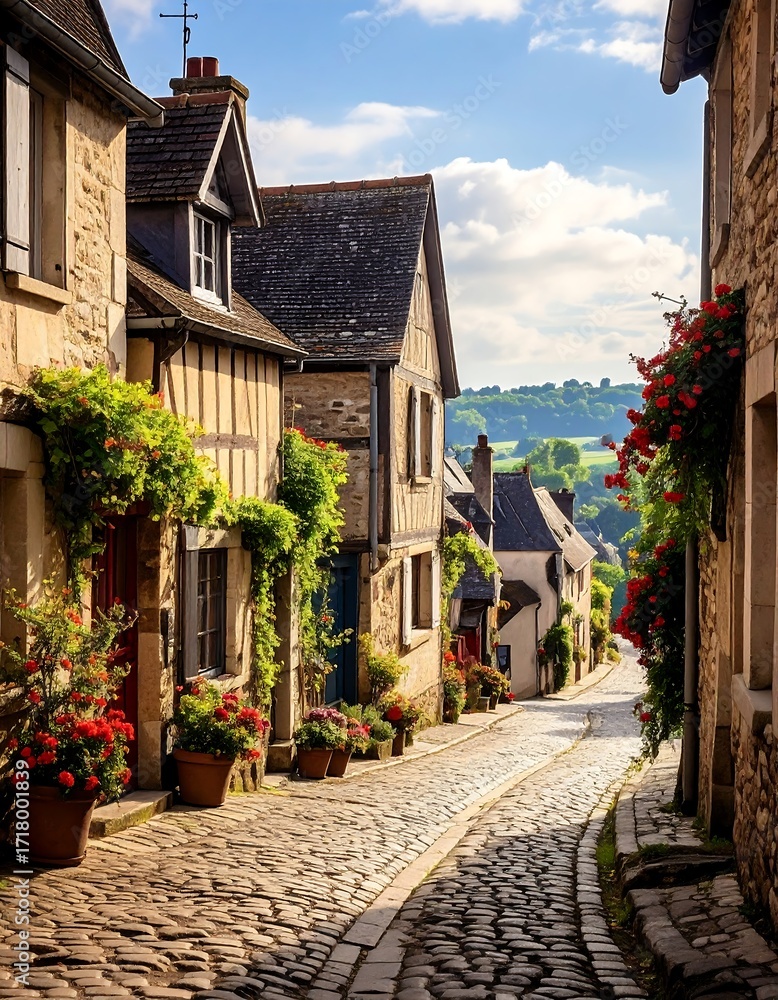 Fototapeta premium Quaint European village street lined with charming houses