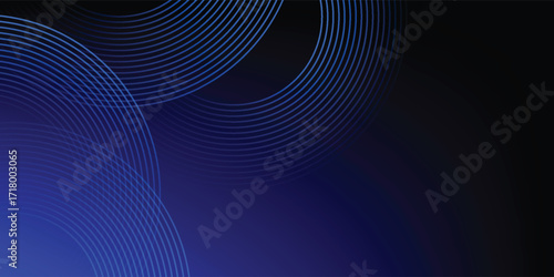 Abstract blue glowing geometric lines on dark blue background. Modern shiny blue circle lines pattern.