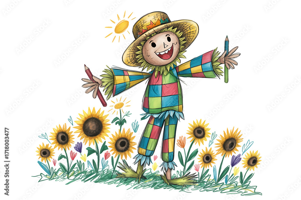 Naklejka premium An adorable scarecrow drawing with a kind smile, set against a sunflowers background with floating leaves.