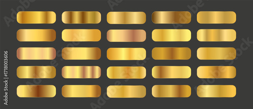 Golden metallic gradient swatches. Shiny luxury texture set on black background for premium design.