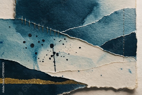 Abstract layered paper art with deep blue watercolor washes, gold accents, and stitched details evokes calm sophistication and modern elegance.