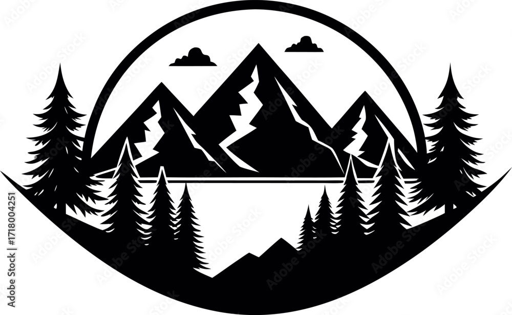 Obraz premium Scenic black silhouette of mountains and river landscape with forest trees vector isolated