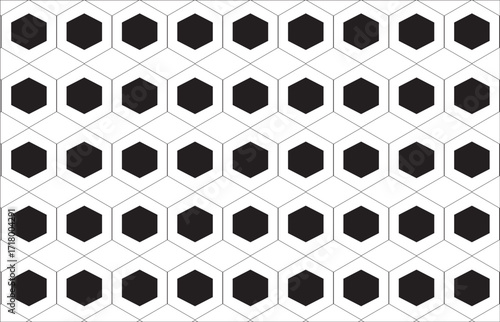 Seamless geometric pattern of black hexagons centered in white outlines on a grid. Clean symmetry and bold contrast—ideal for wallpaper, textile, editorial, or minimalist graphic design.