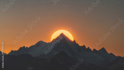Sun rising behind mountain peak, minimalist silhouette with glowing sky