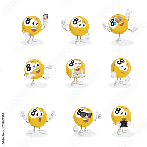 Set of cute yellow eight ball mascot cartoon characters showing various expressions and activities like taking a selfie, laughing, and wearing sunglasses