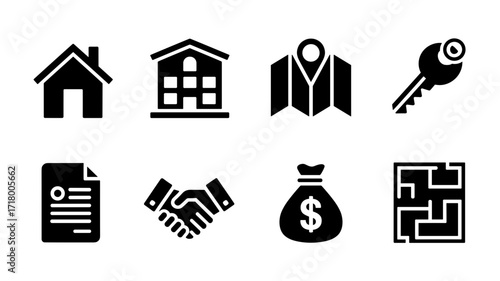 Set of black vector icons representing the real estate industry, including house, multi-story building, map, key, contract, handshake, bag of money, and floor plan.
