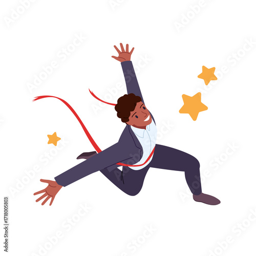 Success achievement, victory of businessman and corporate leader in business competition, leadership triumph. Male happy character crossing red marathon ribbon among stars cartoon vector illustration