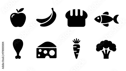 Set of black vector icons of food items in a minimalistic style, including apple, bananas, bread, fish, chicken, cheese, carrots, and broccoli in bold silhouettes.
