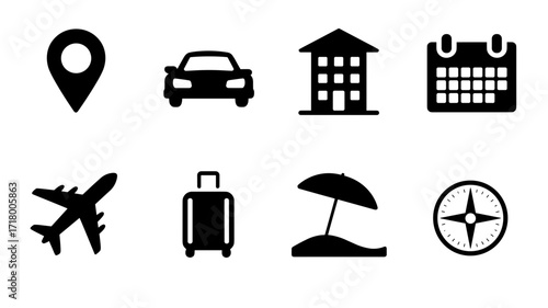 Set of black vector icons representing travel and planning, including location pin, car, hotel, calendar, airplane, suitcase, beach umbrella, and compass.
