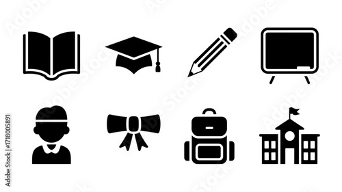 Collection of black vector icons of education representing various stages of learning and academic achievements from kindergarten to graduation, including school, student, and tools.
