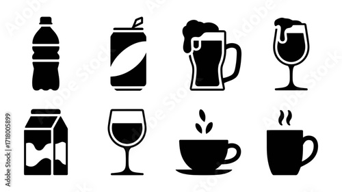 Set of black vector icons of drink containers, including water bottle, soda can, beer mug overflowing with foam, wine glass, milk carton, and cups of tea and coffee.

