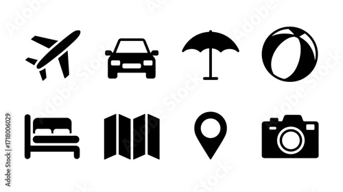 Collection of black vector icons including airplane, car, umbrella, beach ball, bed, map, location pin, and camera, alluding to travel, vacation, and leisure activities.
