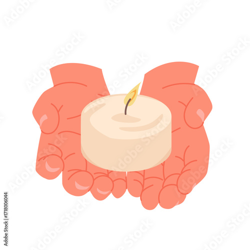 Glowing candle in palm for religious ceremony in church, funeral prayer and spiritual meditation, festival cartoon. Human hand holding one white burning candle with flame on wick