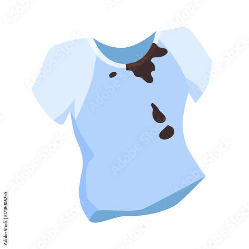 Dirty blue tee shirt of girl or boy, unclean worn men and women smelly clothes with black dirt and mud stain, messy spots on untidy cotton apparel ready for washing machine cartoon vector illustration