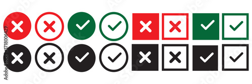check mark icon button set. check box icon with right and wrong buttons and yes or no checkmark icons in green tick box and red cross