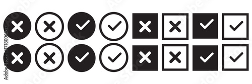 check mark icon button set. check box icon with right and wrong buttons and yes or no checkmark icons in green tick box and red cross