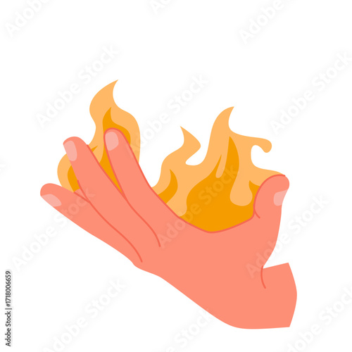 Human hand holding hot fire in palm, front view. Arm of person carrying flame to light bonfire, flaming gesture to give energy and power of fire, motivation and spirit