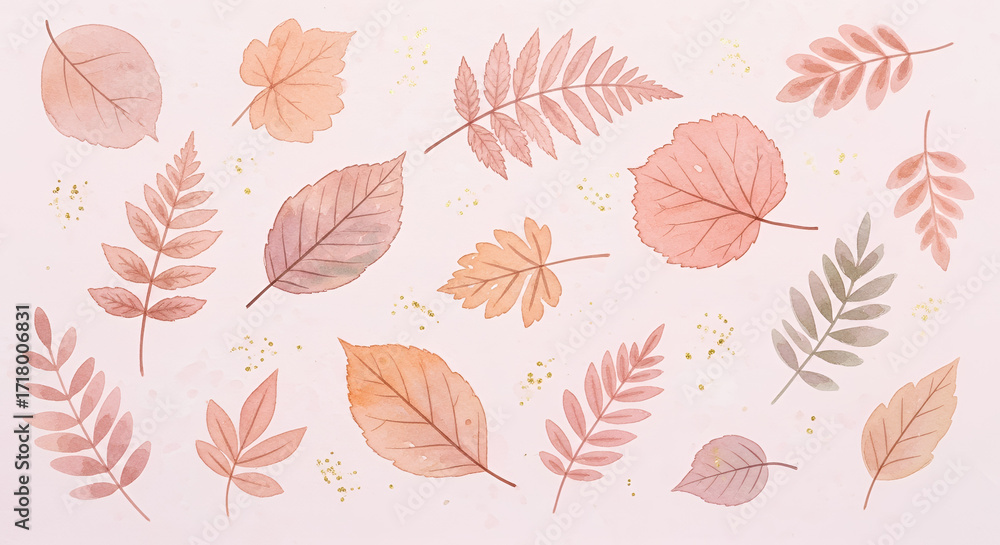 Obraz premium Beautiful watercolor illustration of assorted leaves in soft pastel colors with golden accents