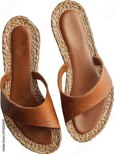 Brown Leather and Woven Espadrille Wedge Sandals Isolated on White Background fashion footwear