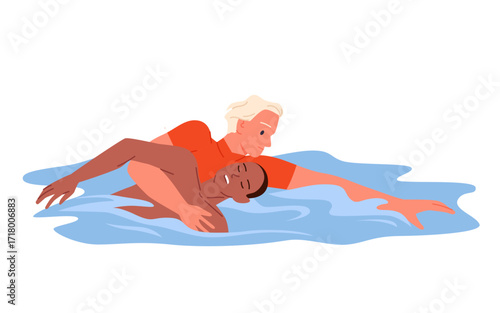 Emergency first aid to drowning man by professional lifeguard. Guy passed out in sea water in swimming accident, lifesaver holding victim to swim to beach and save life cartoon vector illustration