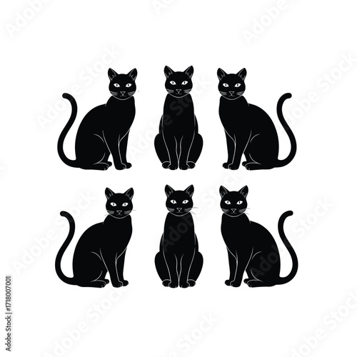 Black Cat Silhouette Illustration Set with Sitting Cats