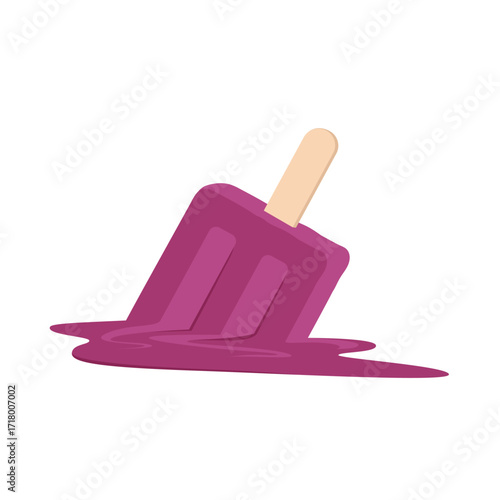Fallen fruit and berry popsicle lying in sweet, sticky puddle, ice cream melting. Cute creamy bar with blueberry flavor on wooden stick, melted popsicle in summer heat cartoon vector illustration