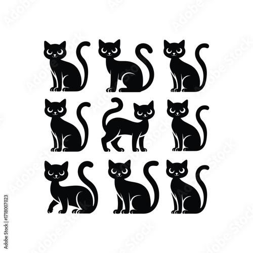Black Cat Silhouette Vector Set in Various Poses
